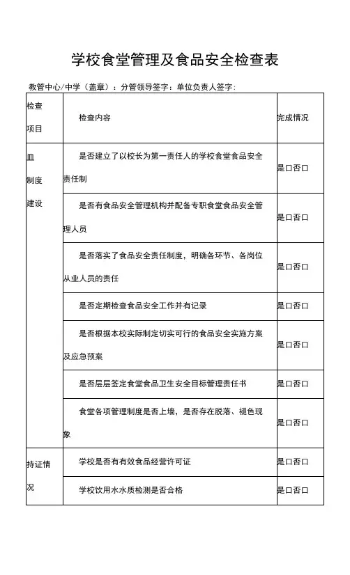 学校食堂管理及食品安全检查表