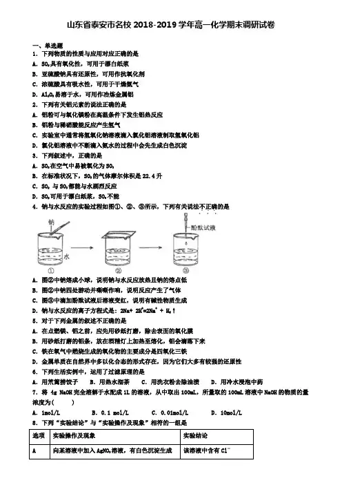山东省泰安市名校2018-2019学年高一化学期末调研试卷