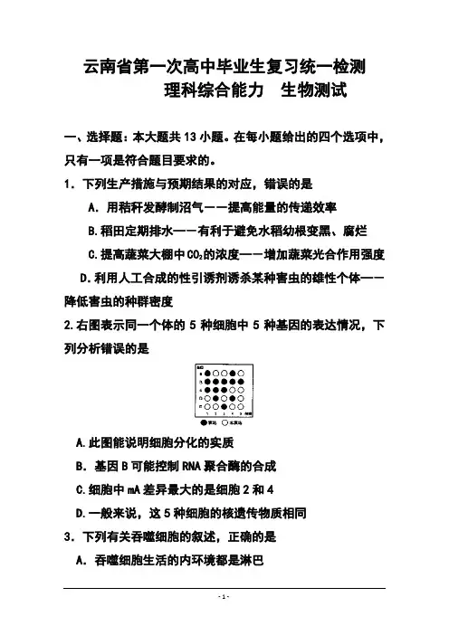 2018届云南省高三第二次高中毕业生复习统一检测理科综合试题及答案