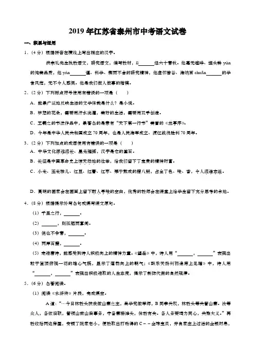072—2019年江苏省泰州市中考语文试题(word版,含解析)