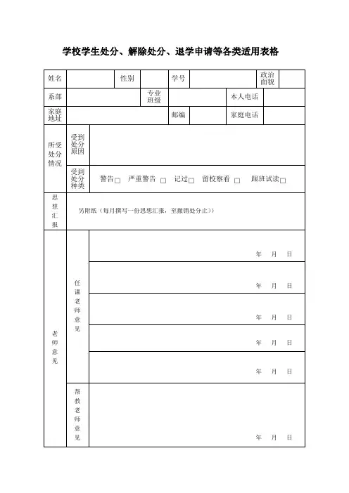 学校学生处分、解除处分、退学申请等各类适用表格