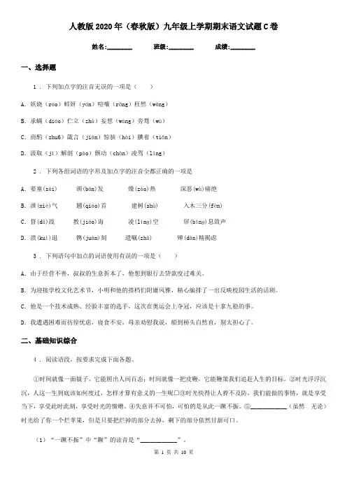 人教版2020年(春秋版)九年级上学期期末语文试题C卷(检测)