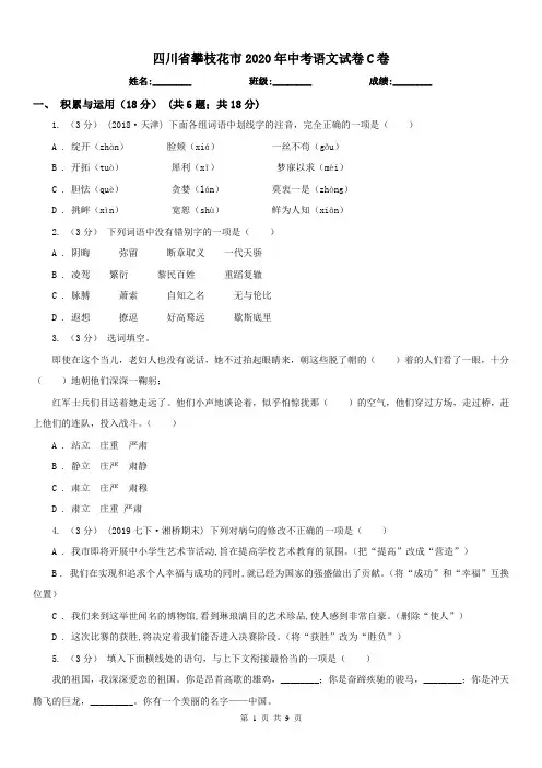 四川省攀枝花市2020年中考语文试卷C卷