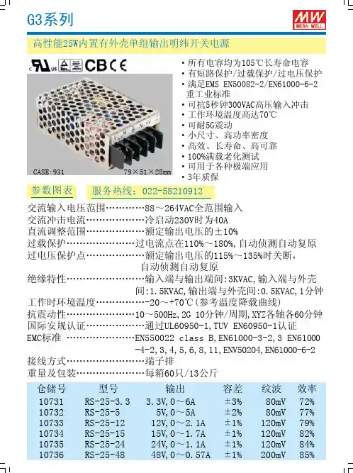 MW G3系列高性能25W内置有外壳单组输出明纬开关电源 说明书