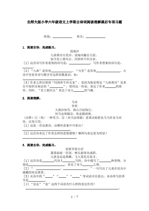 北师大版小学六年级语文上学期古诗词阅读理解课后专项习题