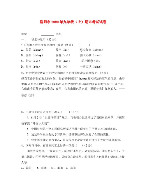 河南省洛阳市2020年九年级语文上学期期末考试试卷 人教新课标版