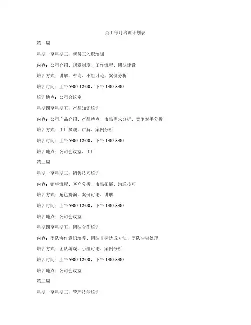 员工每月培训计划表