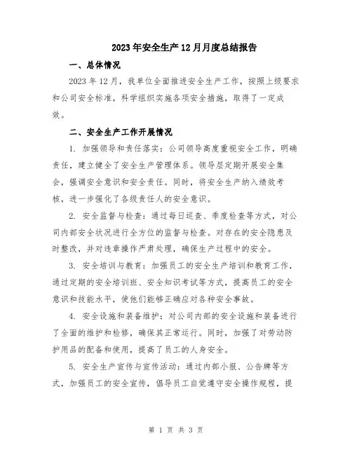 2023年安全生产12月月度总结报告