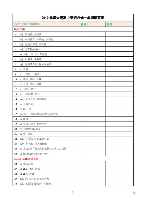 2019北师大版高中英语必修一单词默写表
