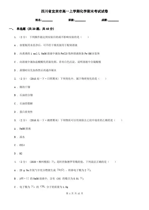 四川省宜宾市高一上学期化学期末考试试卷