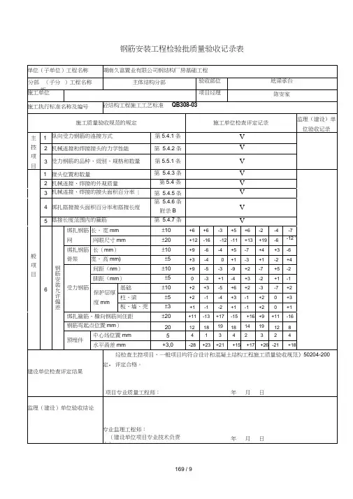 钢筋安装工程检验批质量验收记录表