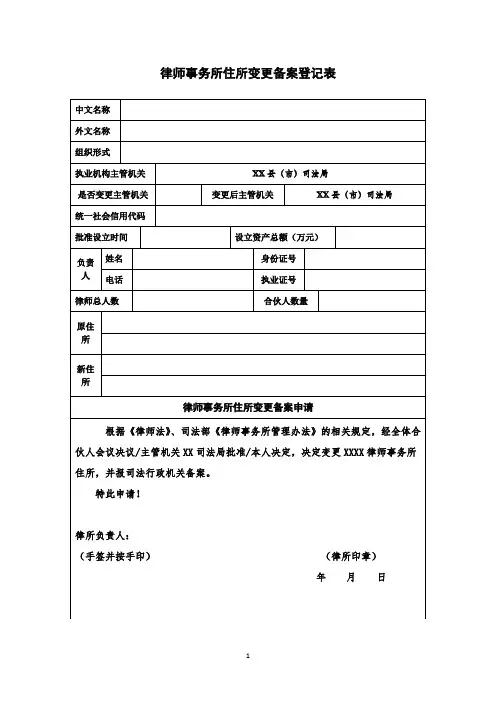 律师事务所住所变更备案登记表