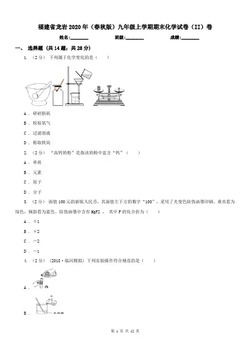 福建省龙岩2020年(春秋版)九年级上学期期末化学试卷(II)卷