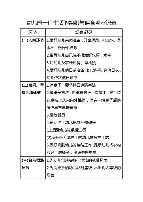 幼儿园一日生活的组织与保育观察记录