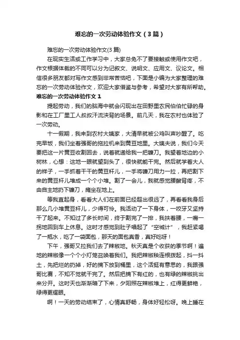 难忘的一次劳动体验作文（3篇）