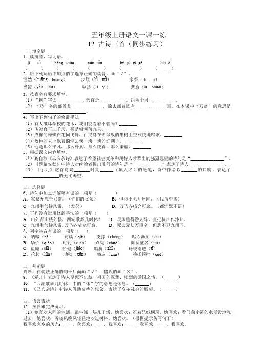 五年级上册 同步练习 语文 12 古诗三首 小学语文 