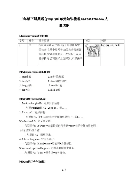 三年级下册英语单元知识梳理Unit3Atthezoo人教PEP
