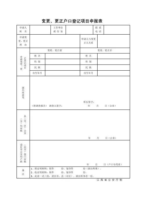 变更、更正户口登记项目申报表【模板】