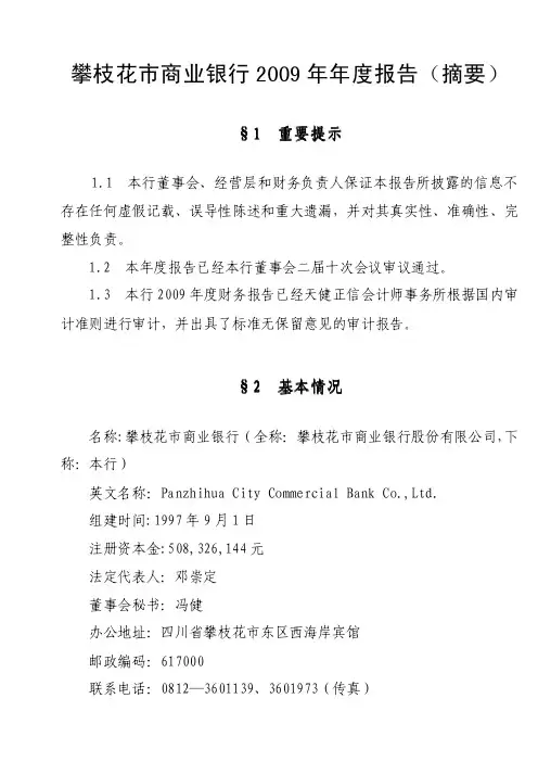 攀枝花商行_2009_年报摘要