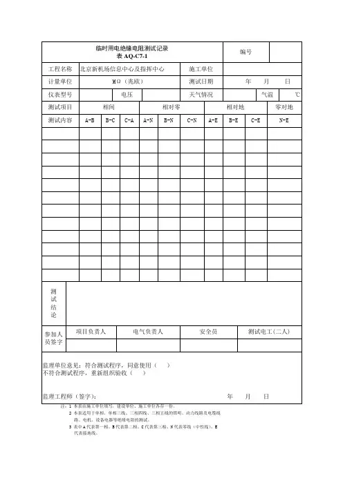 临时用电绝缘电阻测试记录AQ-C7-1
