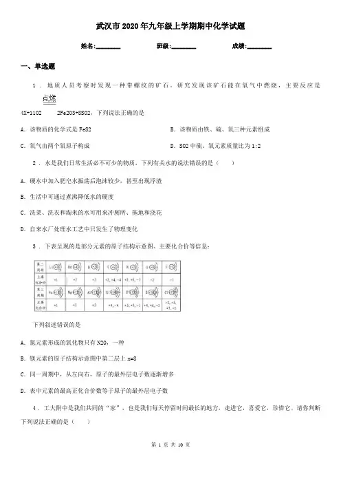 武汉市2020年九年级上学期期中化学试题
