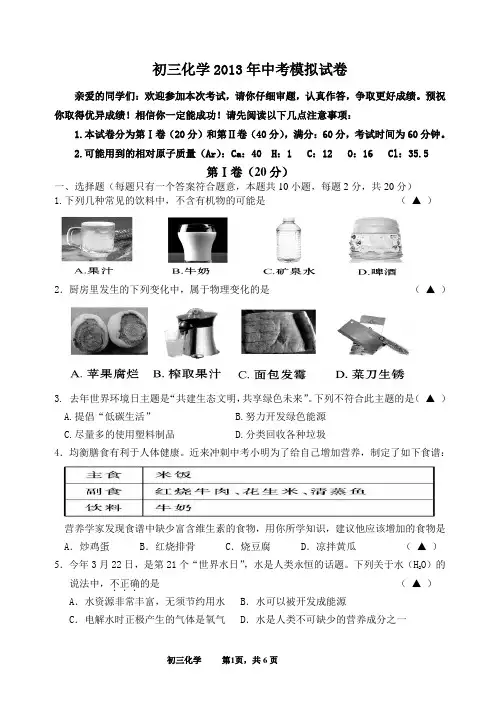 2013年初三化学中考模拟试卷一