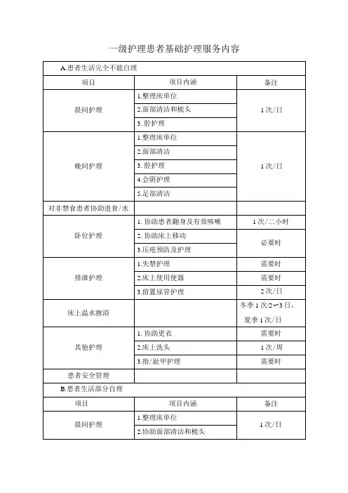 一级护理患者基础护理服务内容