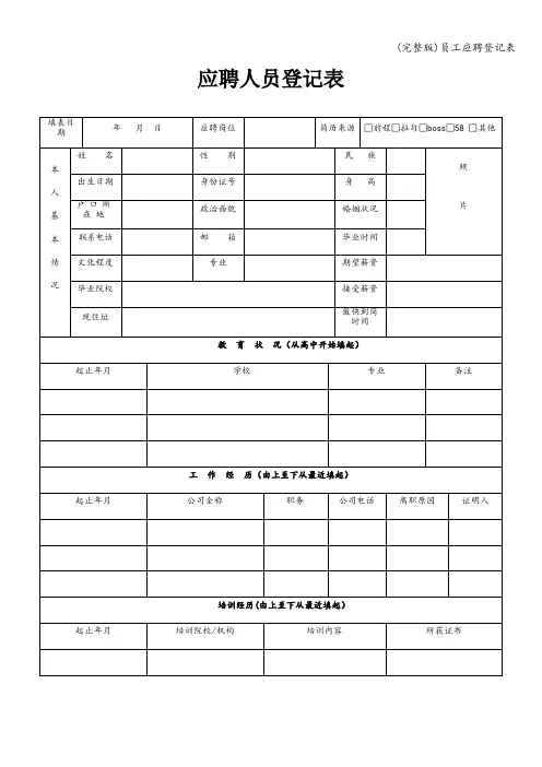 (完整版)员工应聘登记表
