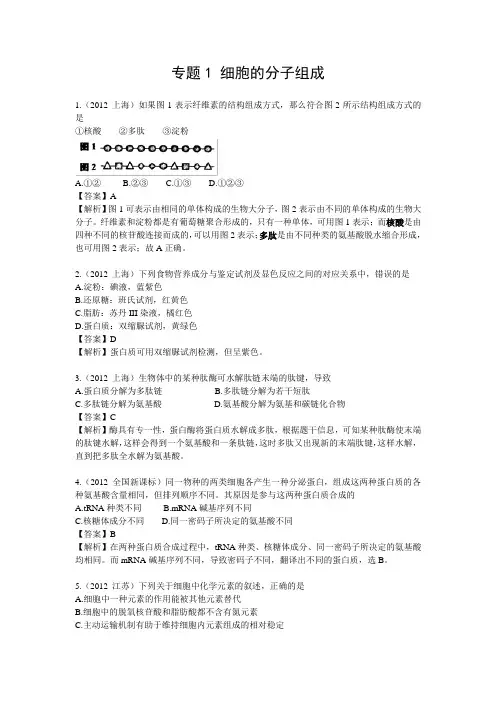 2012生物高考真题汇编(专题1 细胞的分子组成)