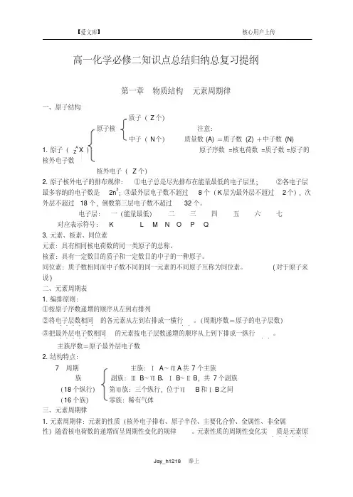 高一化学必修二知识点总结归纳总复习提纲讲解学习