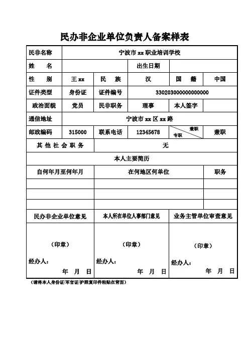 民办非企业单位负责人备案样表