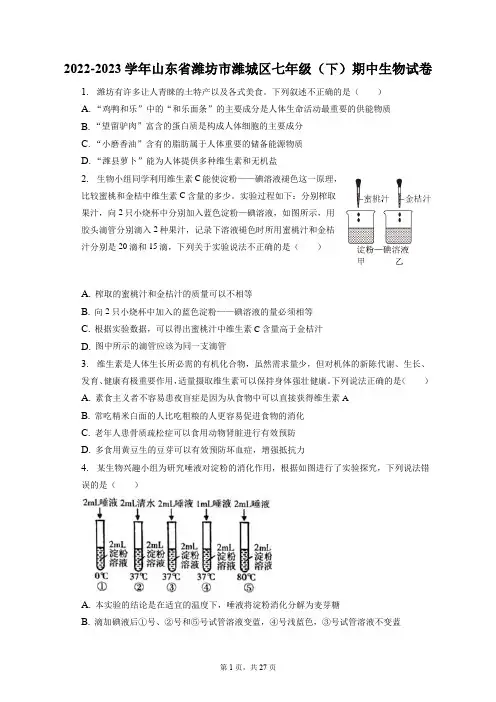 2022-2023学年山东省潍坊市潍城区七年级(下)期中生物试卷(附答案详解)