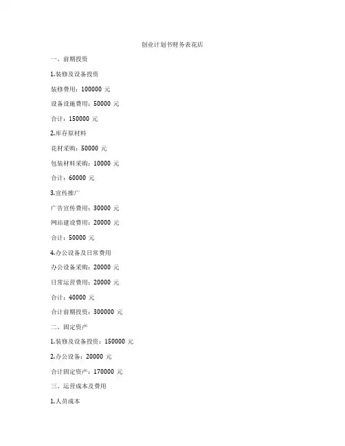 创业计划书财务表花店