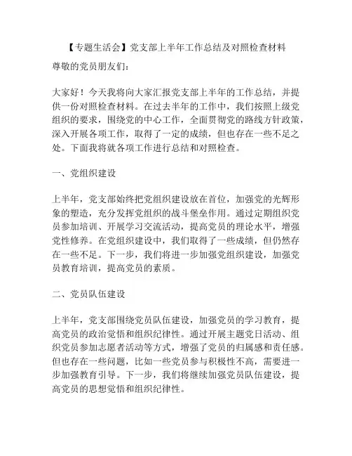 【专题生活会】党支部上半年工作总结及对照检查材料