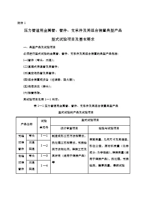 压力管道用金属管、管件、支承件和组合装置典型产品型式试验项目与基本要求内容
