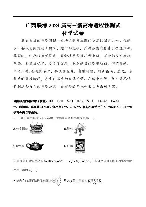 (2024届高三九省联考解析)广西联考2024届高三新高考适应性测试化学试卷(含解析)