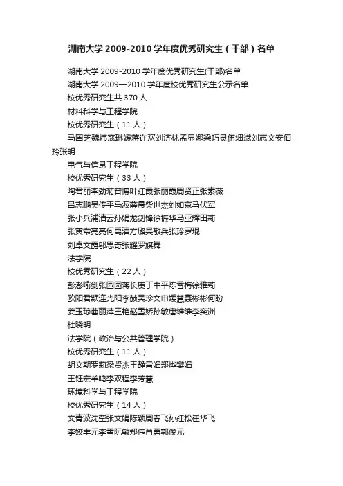 湖南大学2009-2010学年度优秀研究生（干部）名单