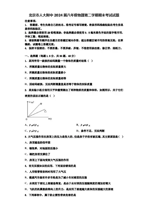 北京市人大附中2024届八年级物理第二学期期末考试试题含解析