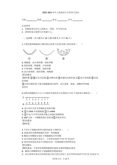 2023-2024学年高中生物人教版必修1第3章 细胞的基本结构单元测试(含答案解析)