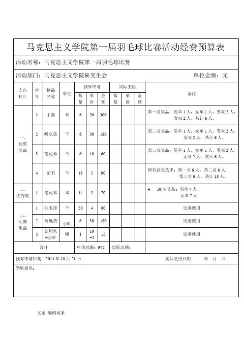 羽毛球比赛活动经费预算表