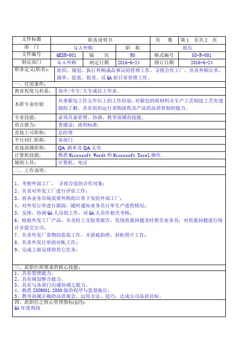 1 QA组长职务说明书