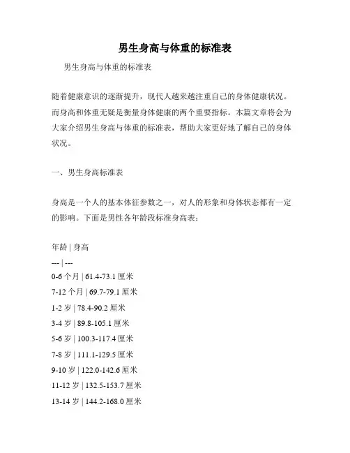 男生身高与体重的标准表