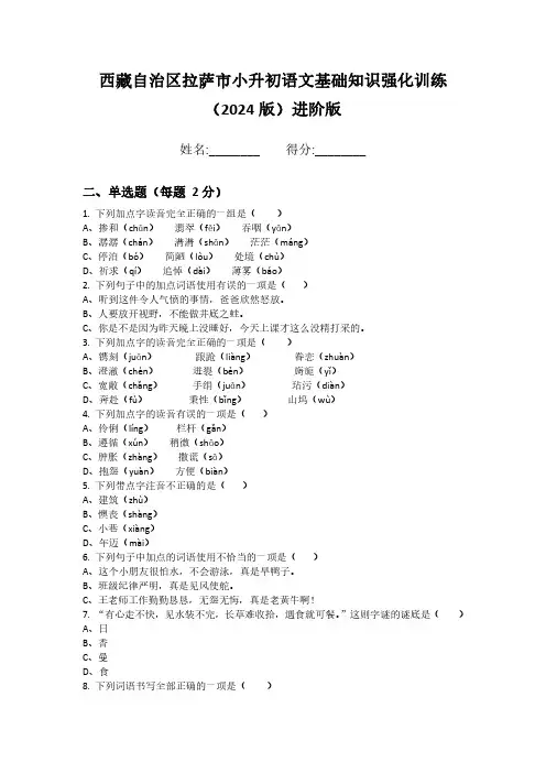 西藏自治区拉萨市小升初语文基础知识强化训练(2024版)进阶版