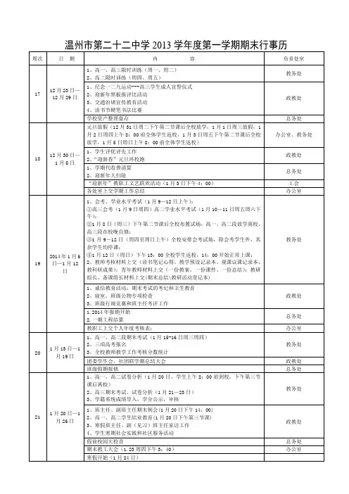 温州市第二十二中学2013学年度第一学期期末行事历