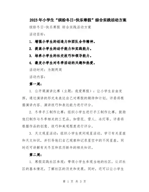 2023年小学生“缤纷冬日-快乐寒假”综合实践活动方案