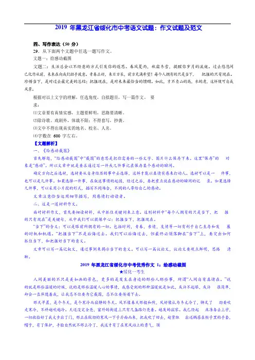 2019 年黑龙江省绥化市中考语文试题：作文试题及范文