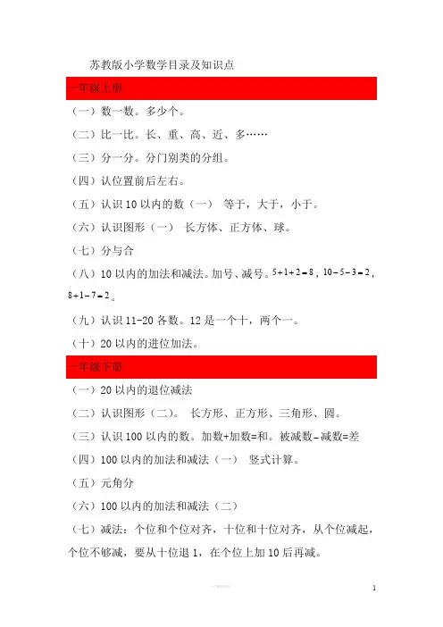 苏教版小学数学目录及知识点