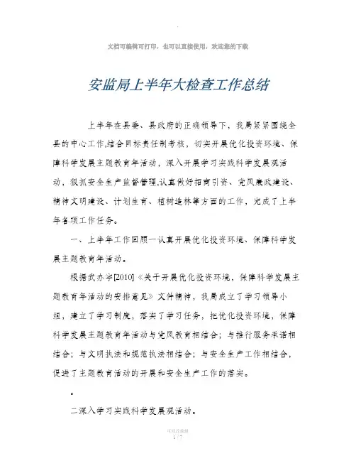 安监局上半年大检查工作总结