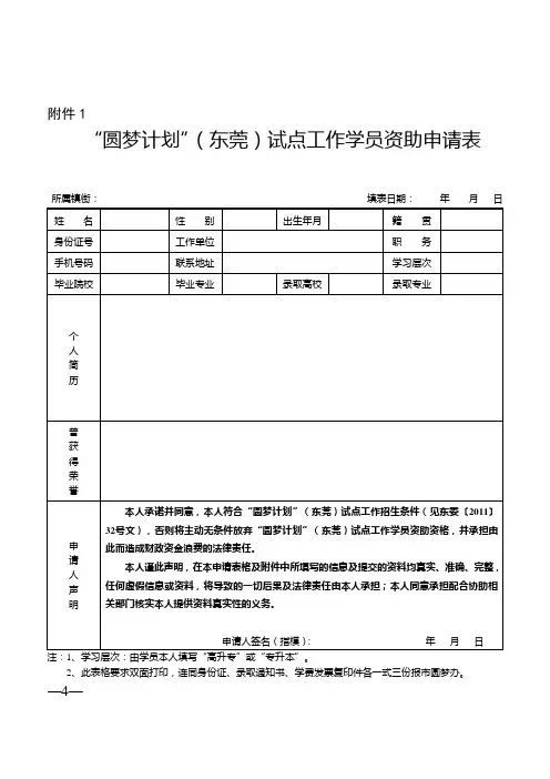 “圆梦计划”(东莞)试点工作学员资助申请表1
