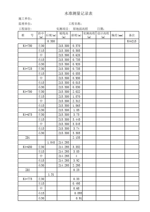 水准测量记录表(原地面高程)